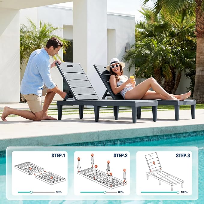 Devoko Outdoor Chaise Lounge Chair Set of 2 with 5-Position Adjustable Back - Photo 6