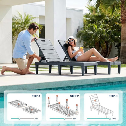 Devoko Outdoor Chaise Lounge Chair Set of 2 with 5-Position Adjustable Back, Waterproof & Lightweight PP Lounge Chairs for Outside Pool Patio (Light Grey)