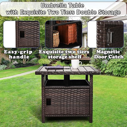 Umbrella Table with 2 Weight Bags Outdoor Patio Umbrella Side Table with Umbrella Hole Small Brown Wicker End Table for Outside Storage Coffee Table with Poly Lumber Top for Pool Garden Balcony Deck
