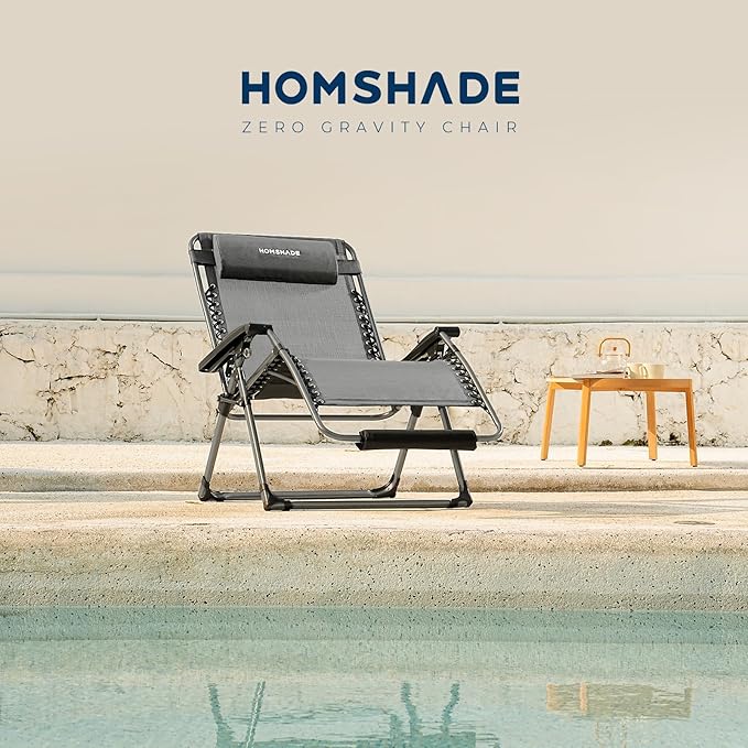 HOMSHADE XXL Zero Gravity Chair with Cushion, 33In Oversized Zero Gravity Lounge Chair, Patio Outdoor Recliner Chair for Indoor Outdoor with Headrest, Cup Holder, Footrest Support 500Lbs, Grey