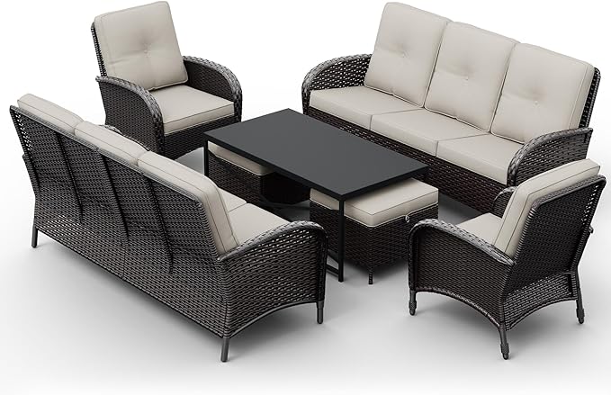 Joyside Wicker Patio Furniture Set, 7 Piece Outdoor Furniture Set with Thickened Cushions, High Back, Deep Seating, Wide Armrest, Rattan Outdoor Chairs for Porch, Deck