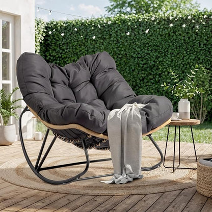 VINGLI Papason Rocking Chair Outdoor, Patio Rocking Chair with Cushion, Comfortable Lounge Chair Weatherproof for Garden, Yard, Outdoor/Indoor, Grey