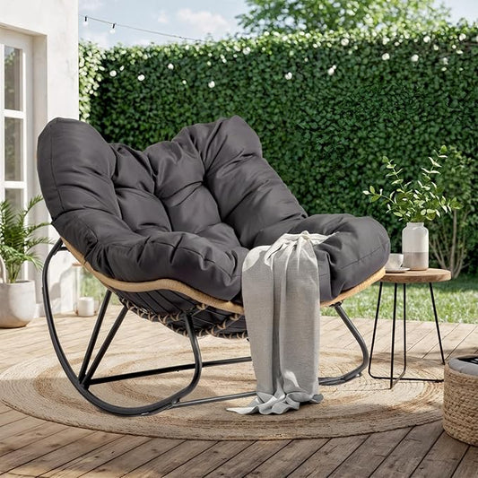 VINGLI Papason Rocking Chair Outdoor, Patio Rocking Chair with Cushion, Comfortable Lounge Chair Weatherproof for Garden, Yard, Outdoor/Indoor, Grey
