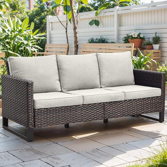 Rilyson Wicker Outdoor Couch Patio Sofa - 3 Seater Rattan Outdoor Patio Couch with Waterproof Wicker,Comfortable Cushions and Sturdy Metal Frame for Outside Porch Deck Backyard(Brown/Beige)