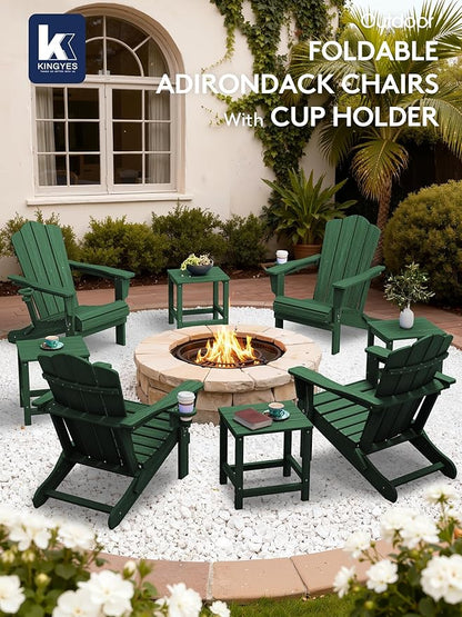 KINGYES Folding Adirondack Chair Set of 2, HDPE All-Weather Folding Adirondack Chair, Green