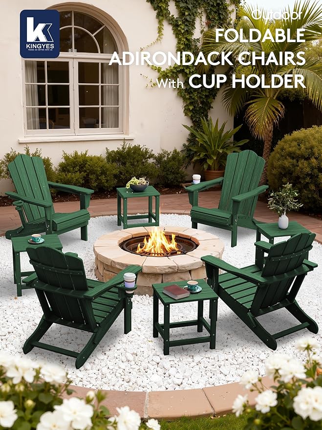 KINGYES Folding Adirondack Chair Set of 8, HDPE All-Weather Folding Adirondack Chair, Green