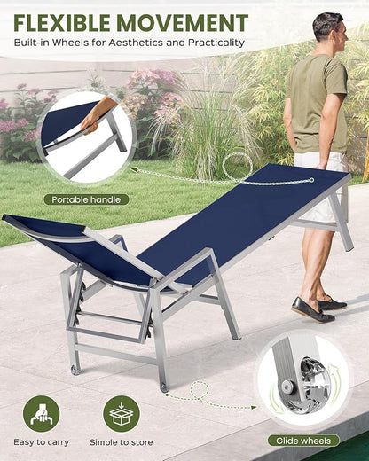 Patio Chaise Lounge Chair Outdoor with Wheels&Armrests, Aluminum Pool Lounge Chairs 5-Position Adjustable Recliner, Outdoor Beach Lounge Chairs for Poolside, Patio, Deck, Yard, Navy Blue