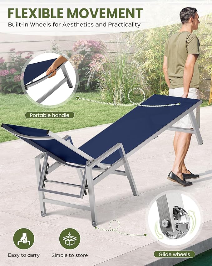 Patio Chaise Lounge Chair Outdoor Set of 2 with Wheels&Armrests, Aluminum Pool Lounge Chairs Five-Position Adjustable Recliner, Outdoor Beach Lounge Chairs for Poolside, Patio, Deck, Yard, Navy Blue