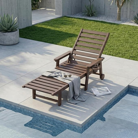 Adjustable Lounge Chair Outdoor, HDPE Outdoor Chaise Lounge with Cup Holder & Wheels, Pool Lounge Chairs for Poolside, Backyard Pool, Patio, Beach, Deck, (Brown)