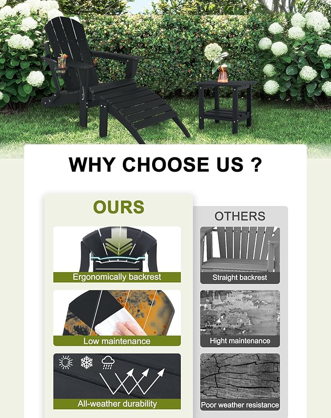 Adirondack Chair with Ottoman | Folding | Outdoor Patio Chair with Removable Footrest | HDPE Plastic All-Weather Resistant | Cup Holder | for Backyard and Garden | Set of 2, Matte Black