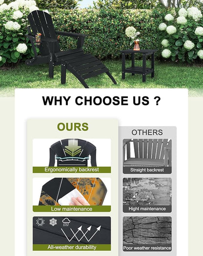 Adirondack Chair with Ottoman | Folding | Outdoor Patio Chair with Removable Footrest | HDPE Plastic All-Weather Resistant | Cup Holder | for Backyard and Garden | Set of 2, Matte Black