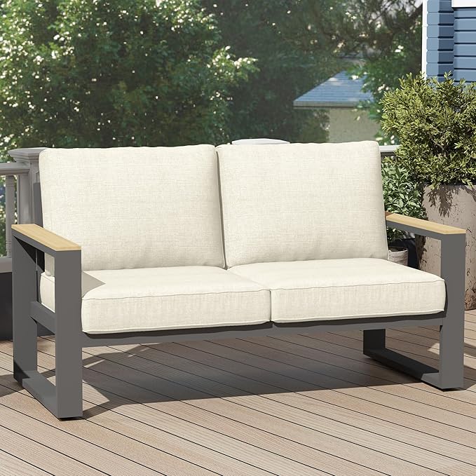 RoyalCraft Aluminum Outdoor Loveseat, All-Weather Metal Patio Loveseat with Height-Adjustable Feet, Outdoor Love Seat for Porch Backyard Garden, Beige