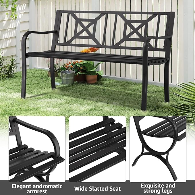 Outdoor Bench Garden Bench Patio Bench,Weatherproof Anti-Rust Metal Powder Coated Frame Park Bench,Metal Bench for Yard & Porch & Park (Geometric)