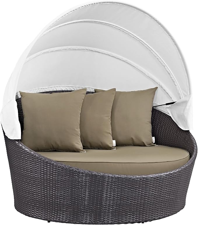 Modway Convene Wicker Rattan Outdoor Patio Retractable Canopy Round Poolside Sofa Daybed in Espresso Mocha - Photo 4