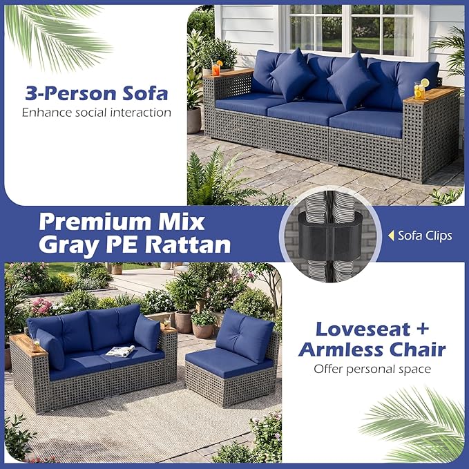 Tangkula 86.5" Large 3-Seat Patio Wicker Sofa, 3 Pieces PE Rattan Sectional Furniture Set with Cup Holder & Wood Armrest - Photo 7