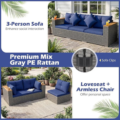 Tangkula 86.5" Large 3-Seat Patio Wicker Sofa, 3 Pieces PE Rattan Sectional Furniture Set with Cup Holder & Wood Armrest, Outdoor Couch Set with Armless & 2 Corner Sofas for Garden, Yard, Porch, Navy