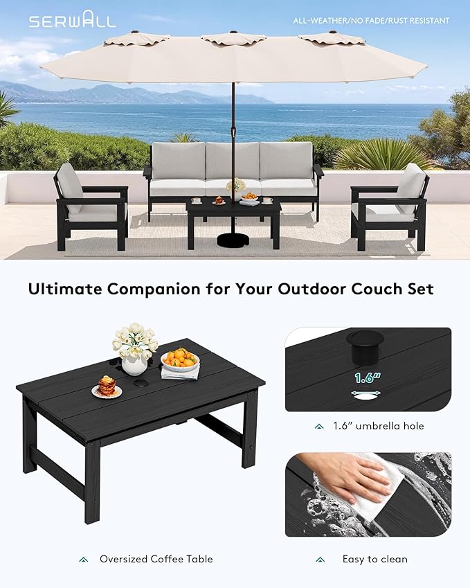 SERWALL HDPE Patio Coffee Table for Balcony, Deck, Black