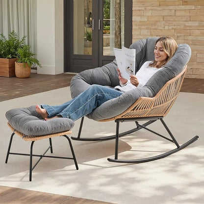 ONBRILL Papasan Rocking Chair with Ottoman,Oversized Papasan Chair with Padded Cushion, Indoor & Outdoor Rocker Chair for Living Room, Patio, Garden, Gray