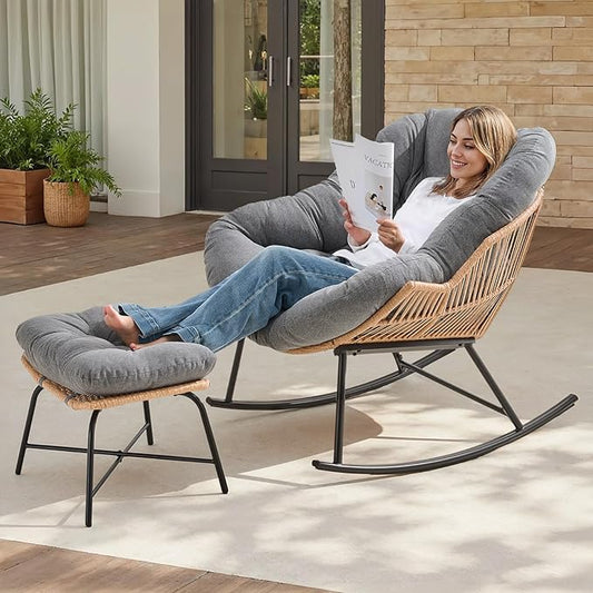 ONBRILL Papasan Rocking Chair with Ottoman,Oversized Papasan Chair with Padded Cushion, Indoor & Outdoor Rocker Chair for Living Room, Patio, Garden, Gray