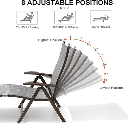 Crestlive Products 2PCS Chaise Lounge Chair Outdoor with 1PC Side Table, Aluminum Folding Patio Recliner Chair, Adjustable 8 Positions Assemble-Free