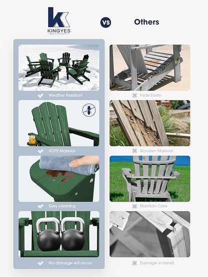 KINGYES Folding Adirondack Chair, HDPE All-Weather Patio Chairs, Wooden Textured Lawn Chair for Poolside, Backyard, Deck, Fire Pit, Green