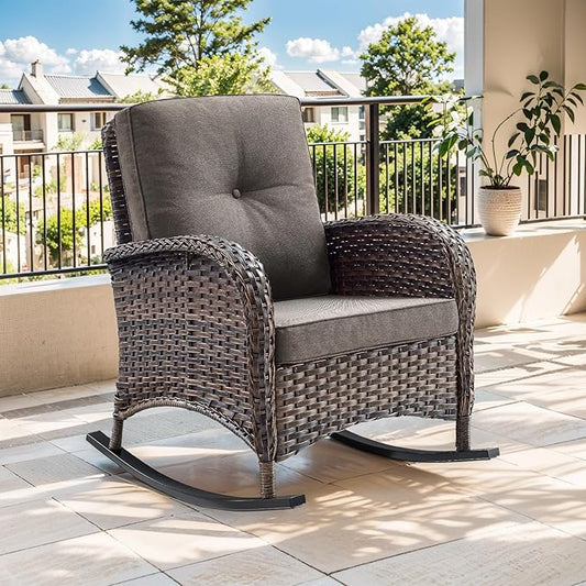 Patio Rocking Chair: Outdoor Wicker Rocker Porch Rocking Chair with Removable Cushion, 300 Lb Weight Capacity Rattan Rocking Seating for Balcony Garden Brown/Grey