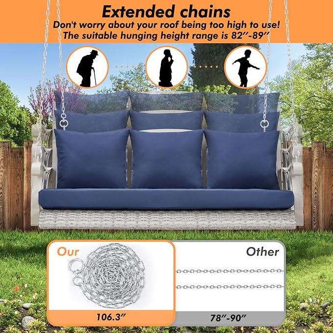 Heavy Duty 900 LBS Porch Swing Chair 3-Person Outdoor Rattan Patio Swing Lounge w/Cup-Holder & Steel Chains Wicker - Photo 5