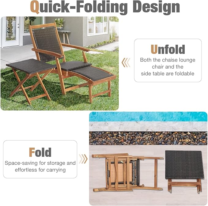 RELAX4LIFE Patio Lounge Chair Set - Outdoor Acacia Wood Chaise Lounge w/Side Table, Armrest & Retractable Ottoman - Photo 4