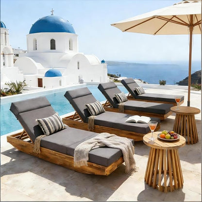 Modern Acacia Wood Outdoor Chaise Lounge with Leaf Coconut Water-Repellent Cushion & Integrated Headrest, Adjustable & Foldable Design for Patio, Poolside, Garden