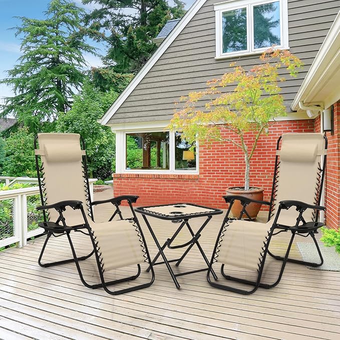 Athena Collection Zero Gravity Outdoor Lounge Chair Set of 2 with Side Table - Photo 2
