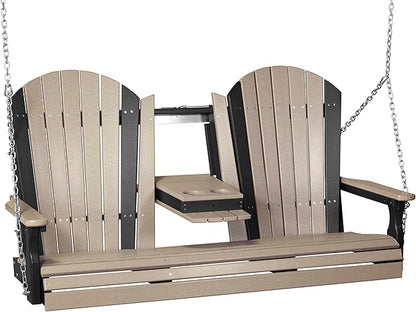 LuxCraft 5' Adirondack Hanging Front Porch Swing with Flip Down Console, Seats Up to 3, Outdoor Patio Swing Bench for Outside (Weatherwood & Black)