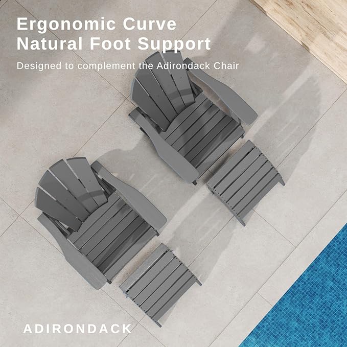 Folding Adirondack Ottoman Footrest, HDPE Plastic Outdoor Footstool No Assembly Required, All-Weather Foldable Ottoman for Adirondack Chair, Patio, Lawn, Garden, Deck, Poolside, Fire Pit, Gray