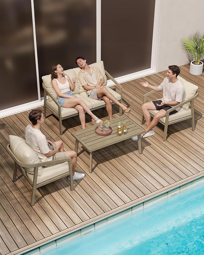 Outdoor Patio Loveseat, Never-Rust Aluminum Outdoor Loveseat Couch with Thick Cushions, Modern 2-Seater Patio Sofa Bench, Outdoor Sofa Loveseat Furniture for Poolside, Garden, Gray Oak | Never-Rust, Wood-Grain Texture, Wraparound Design, Removable Cush...