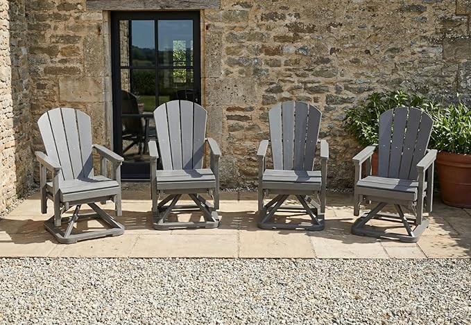 HDPE Swivel Glider Chair Outdoor, Weather Resistant Adirondack Outside Rocking Chair, Wooden Textured Outdoor Swivel Chair Set of 4 for Porch, Balcony, Poolside, Backyard (Grey)