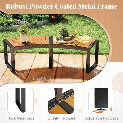 Moccha Outdoor Curved Bench, Acacia Wood Fire Pit Bench w/Slatted Seat, Metal Frame, Loveseat, Outside Chair, Patio Backless 2-Person Seating for Yard Deck Porch 800 LBS Max Load, Oil Painted (2)