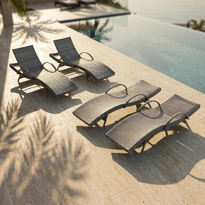 OVENTA Outdoor Wicker Patio Chaise Lounge Chair Set of 4, Gray Rattan Pool Furniture Lounger for Outside Poolside Lounges, Jumbo Co Chaise Lounge Chairs, Wicker Patio Pool Furniture