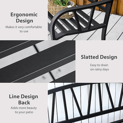 50" Metal Garden Benches for Outside, Front Porch Bench with Smooth Armrests, Patio Yard Benches with Slatted Seat for Outdoors Park/Entryway/Backyard (Black)