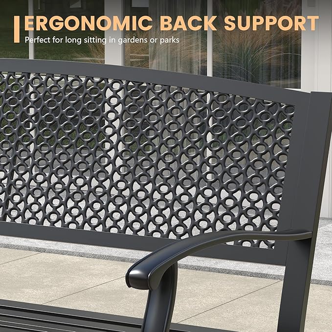 50.4" Garden Bench, Metal Outdoor Bench with Backrest and Curved Armrests for Patio Porch Lawn, Black - Photo 5