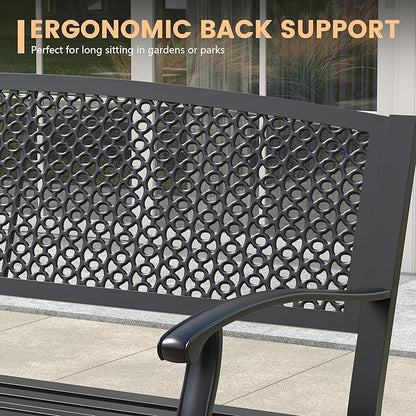 50.4" Garden Bench, Metal Outdoor Bench with Backrest and Curved Armrests for Patio Porch Lawn, Black