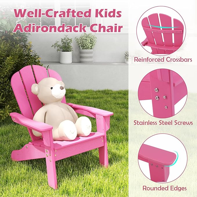 Costzon Kids Adirondack Chair, All-Weather HDPE Patio With High Backrest, Armrests, Fire Pit for Ages 3-8, Indoor Outdoor Lounge for Garden, Lawn, Yard (1,Pink)