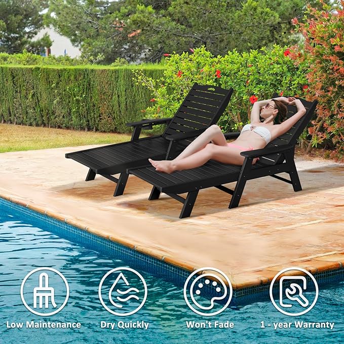 nalone Chaise Lounge Set of 2 Outdoor with 5-Position Adjustable Backrest, HDPE Lounge Chair for Outside Supports Up to 400 LBS, Pool Lounge Chairs for Patio Poolside Deck Beach Backyard (Black)