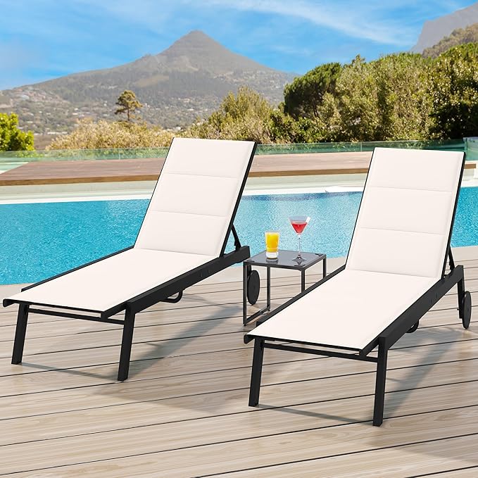 YITAHOME Patio Chaise Lounge Set of 3, Outdoor Lounge Chairs with Side Table, Padded Fabric, and Wheels, Adjustable Backrest Poolside Loungers for Pool Beach Patio Porch - Beige