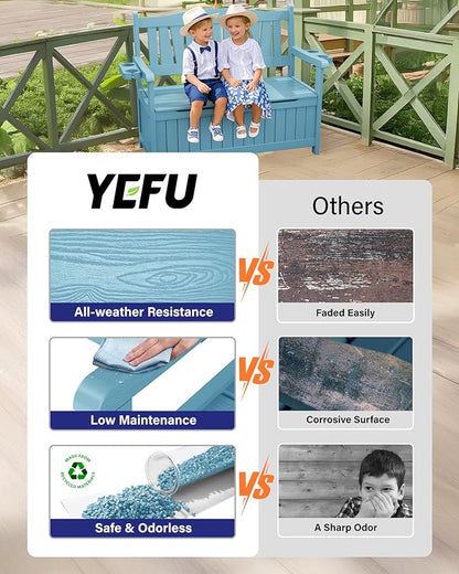 YEFU Outdoor Storage Bench for Patio: Heavy Duty Garden Bench Set of 2 with 96° High Backrest & Oversized Seating - HIPS Weatherproof Patio Bench with Storage for Porch Park Backyard, Blue