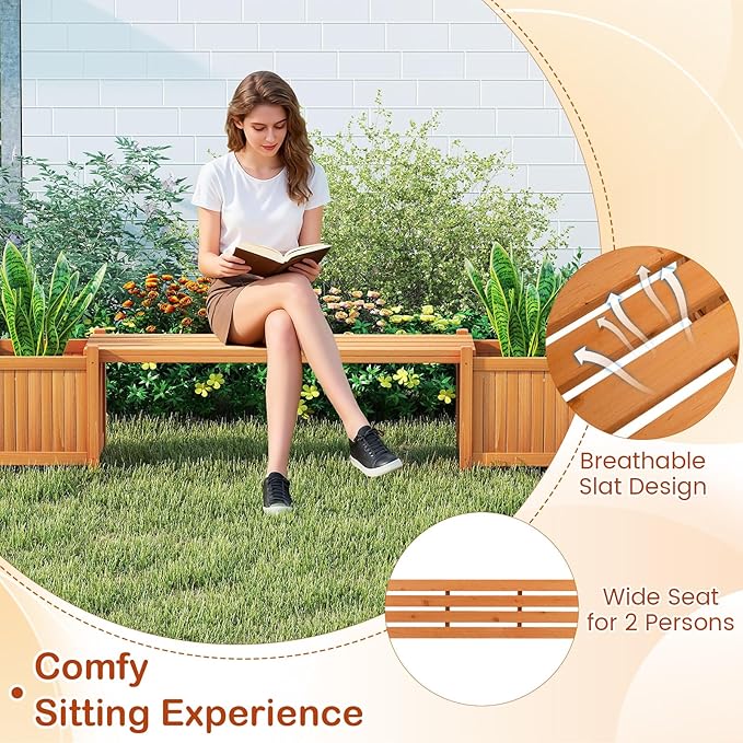 S AFSTAR 2 Pieces Outdoor Planter Bench, Wooden Planter Box with Bench, Raised Plant Container Garden Benches with Boxes for Outdoor, Patio, Yard, Deck & Balcony