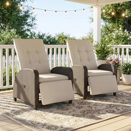 Green4ever 2-Peices Outdoor Patio Recliner with Adjustable Backrest, All-Weather Wicker Patio Chair with Side Table, 160° Lay Flat Patio Reclining Lounge Chair for Garden Backyard, Beige
