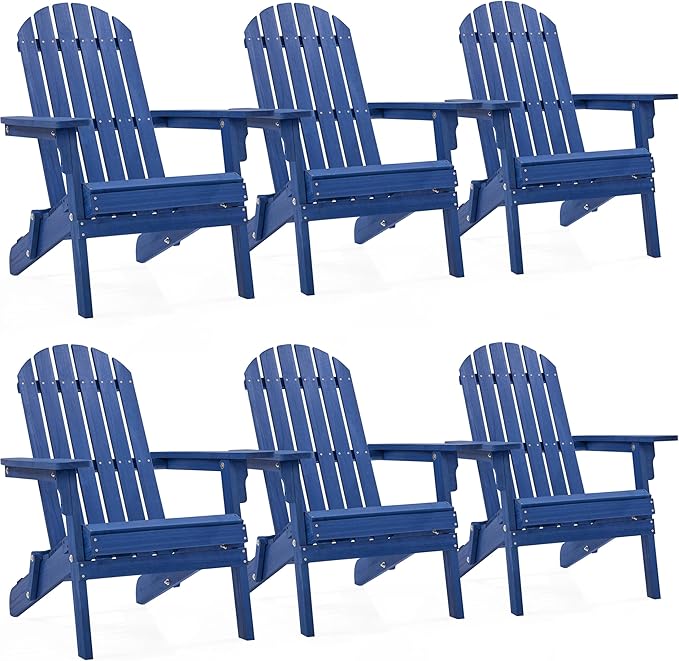 Yaheetech Folding Adirondack Chair Set of 6 Outdoor, 300LBS Solid Wood Garden Chair Weather Resistant, Fire Pit Lounge Chairs for Garden/Yard/Patio/Lawn, Blue