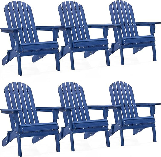 Yaheetech Folding Adirondack Chair Set of 6 Outdoor, 300LBS Solid Wood Garden Chair Weather Resistant, Fire Pit Lounge Chairs for Garden/Yard/Patio/Lawn, Blue