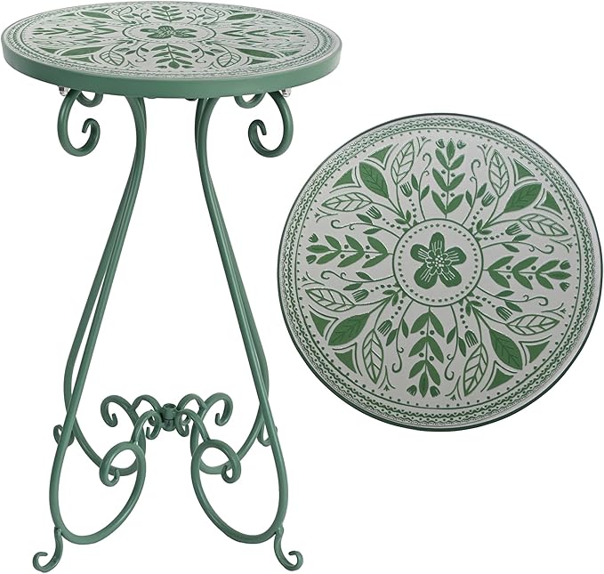 Outdoor Side Table & Mosaic Plant Stand, 14" Ceramic Tile Top Round End Table Accent Table, Indoor Outdoor Coffee Tea Table for Yard Porch Garden Patio Living Room Bedroom
