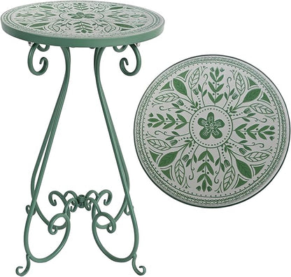 Outdoor Side Table & Mosaic Plant Stand, 14" Ceramic Tile Top Round End Table Accent Table, Indoor Outdoor Coffee Tea Table for Yard Porch Garden Patio Living Room Bedroom