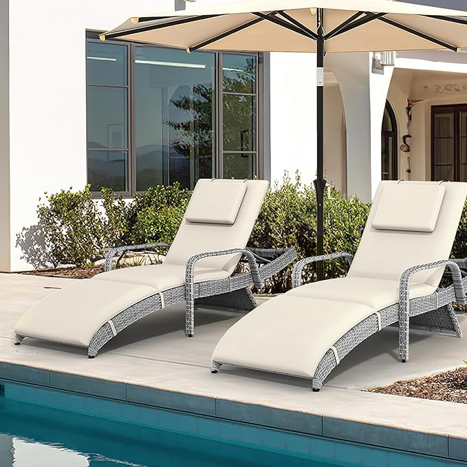 YITAHOME Patio Chaise Lounge Chair Set, Wicker Chaise Lounge Outdoor Rattan Reclining Chair with Armrests/Pull-Out Cup Holder/5-Position Backrest/Cushion & Headrest-Beige